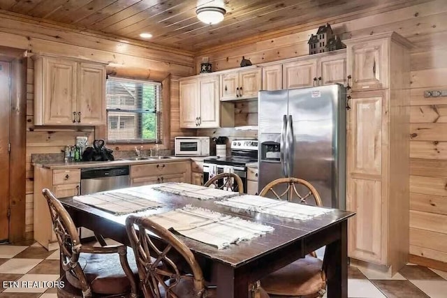 kitchen featuring sink, stainless steel appliances, wood ceiling, and wood walls