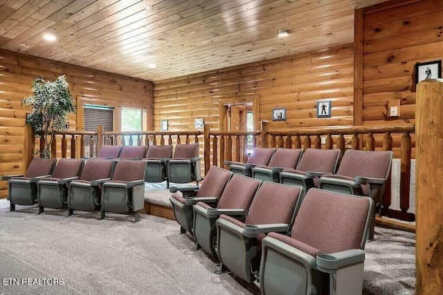 cinema room with rustic walls, carpet floors, and wooden ceiling