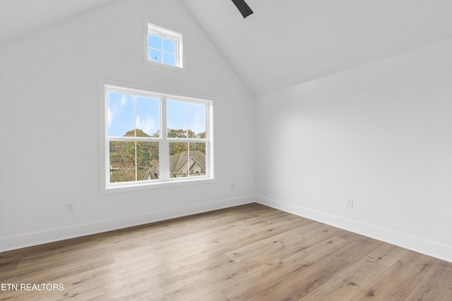 additional living space with light wood-type flooring, high vaulted ceiling, and a wealth of natural light