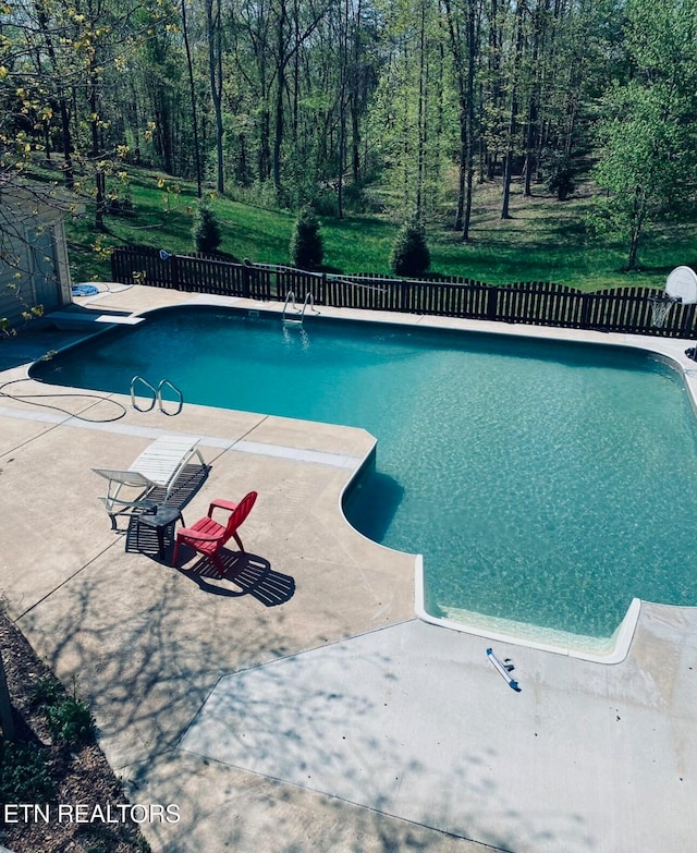 view of swimming pool featuring a diving board and a patio area