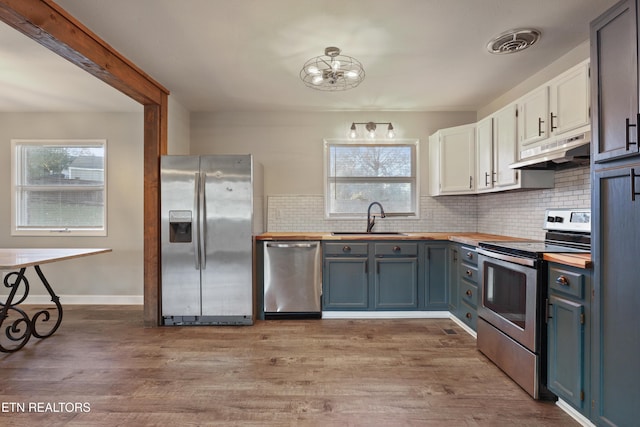 kitchen with tasteful backsplash, stainless steel appliances, sink, white cabinets, and light hardwood / wood-style floors