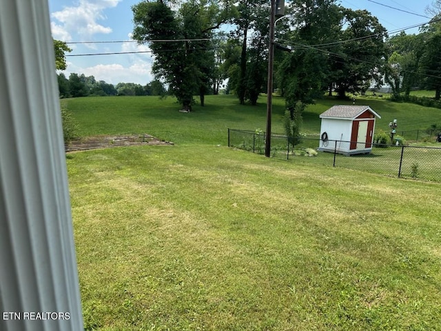 view of yard featuring a storage unit