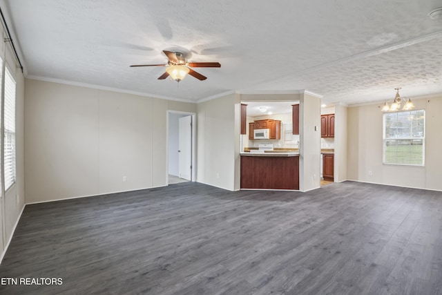 unfurnished living room featuring a textured ceiling, crown molding, ceiling fan with notable chandelier, and dark hardwood / wood-style floors