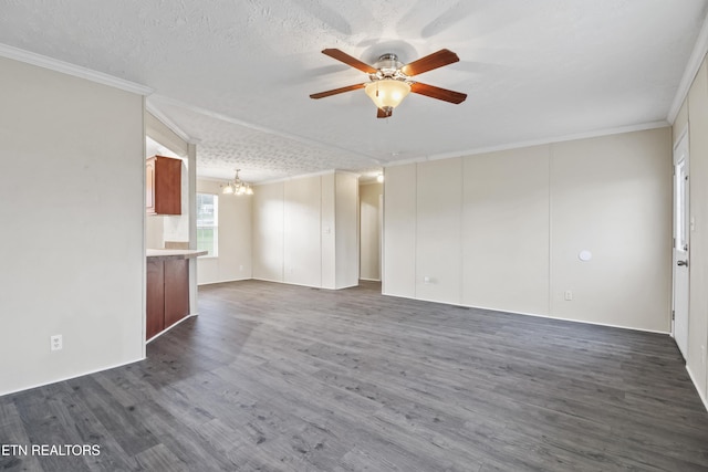 unfurnished living room with dark hardwood / wood-style floors, crown molding, a textured ceiling, and ceiling fan with notable chandelier