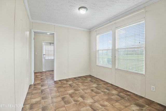 spare room with crown molding and a textured ceiling