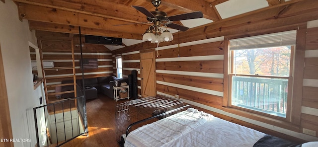 unfurnished bedroom with lofted ceiling with beams, wood walls, and dark wood-type flooring