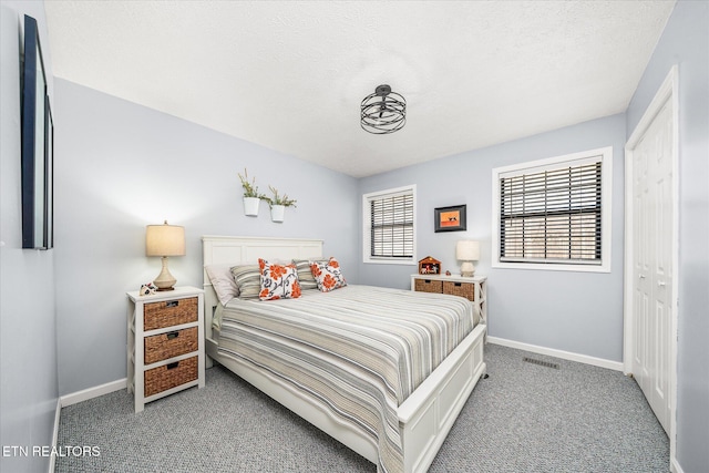 carpeted bedroom with a closet, a textured ceiling, and multiple windows