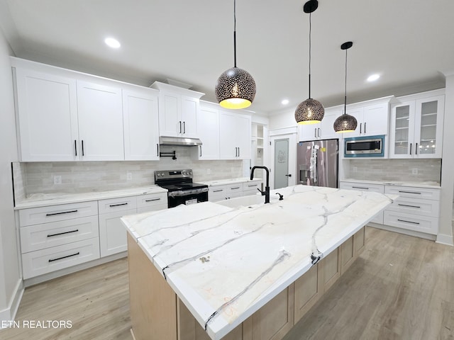 324 Nuhya Ln, Loudon, TN 37774 - kitchen featuring stainless steel appliances, a sink, under cabinet range hood, tasteful backsplash, and light wood-style floors