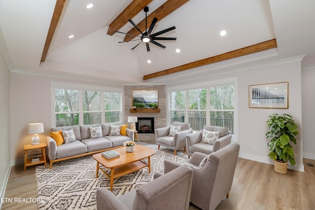 324 Nuhya Ln, Loudon, TN 37774 - living area with a ceiling fan, recessed lighting, baseboards, light wood-style flooring, and a fireplace