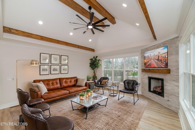 324 Nuhya Ln, Loudon, TN 37774 - living area with a ceiling fan, recessed lighting, a tiled fireplace, and wood finished floors