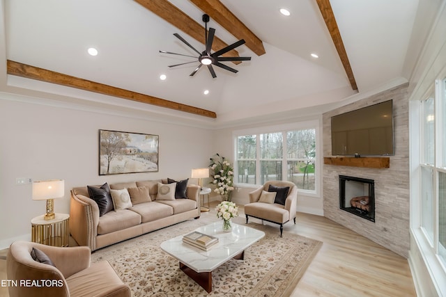 324 Nuhya Ln, Loudon, TN 37774 - living area featuring ceiling fan, recessed lighting, a large fireplace, and light wood-type flooring