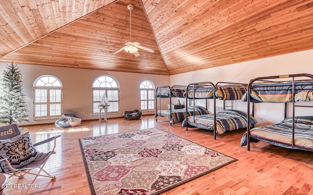 bedroom with multiple windows, hardwood / wood-style floors, and wooden ceiling