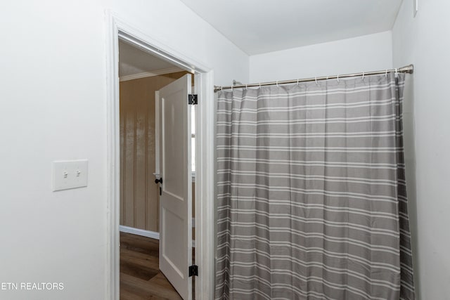 bathroom with hardwood / wood-style flooring and ornamental molding