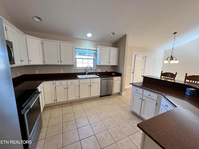 kitchen with dishwasher, sink, a notable chandelier, stove, and white cabinets