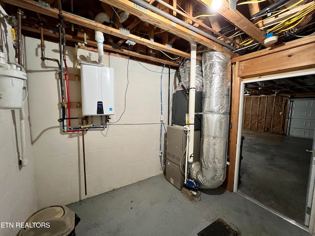 utility room with heating unit and water heater