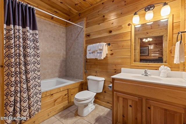 full bathroom with tile patterned floors, wood ceiling, vanity, toilet, and wood walls