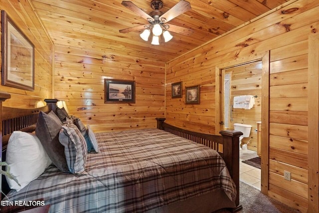 carpeted bedroom with wooden walls, ceiling fan, and wooden ceiling