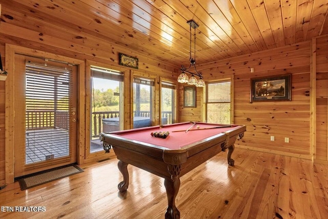 recreation room with wood ceiling, wood walls, light hardwood / wood-style floors, and billiards