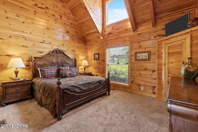 bedroom featuring a skylight, light colored carpet, high vaulted ceiling, wooden ceiling, and beamed ceiling