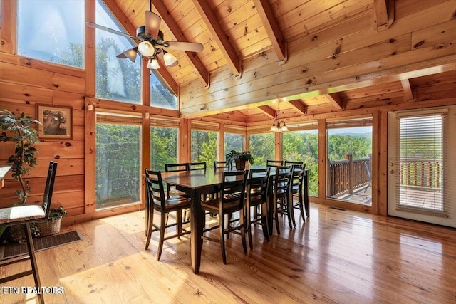 dining room featuring ceiling fan, beamed ceiling, high vaulted ceiling, and light wood-type flooring