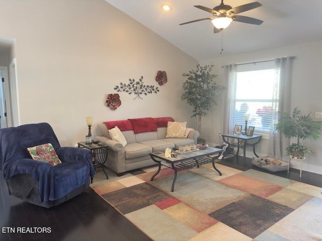 living room featuring light wood-type flooring, ceiling fan, and lofted ceiling