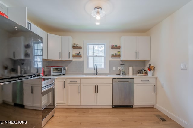 kitchen featuring white cabinets, sink, stainless steel appliances, and tasteful backsplash