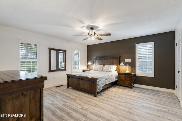 bedroom with ceiling fan and light wood-type flooring