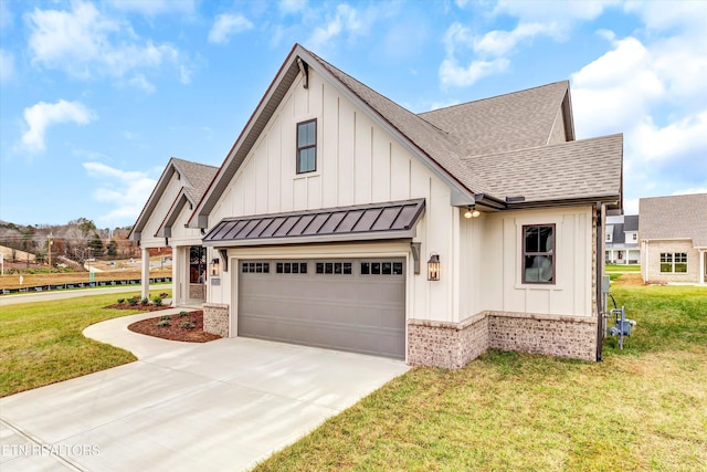12033 Deer Crossing Dr, Knoxville, TN 37932 - modern farmhouse featuring board and batten siding, a standing seam roof, brick siding, and roof with shingles