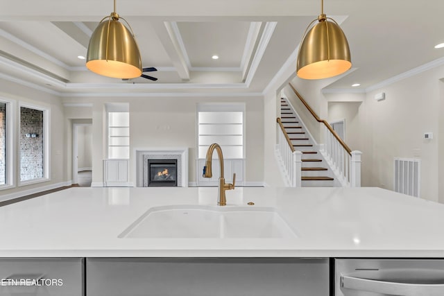 12033 Deer Crossing Dr, Knoxville, TN 37932 - kitchen featuring open floor plan, gray cabinets, dishwasher, crown molding, and a kitchen island with sink
