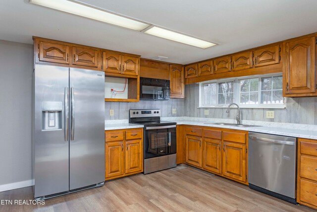 kitchen with decorative backsplash, light wood-type flooring, sink, and appliances with stainless steel finishes