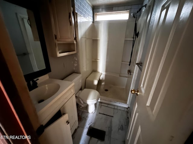 bathroom featuring a shower, vanity, and toilet