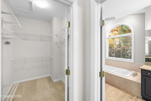 walk in closet featuring light carpet