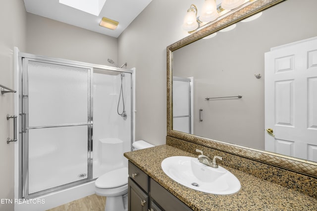 bathroom featuring vanity, a skylight, toilet, and a shower with shower door