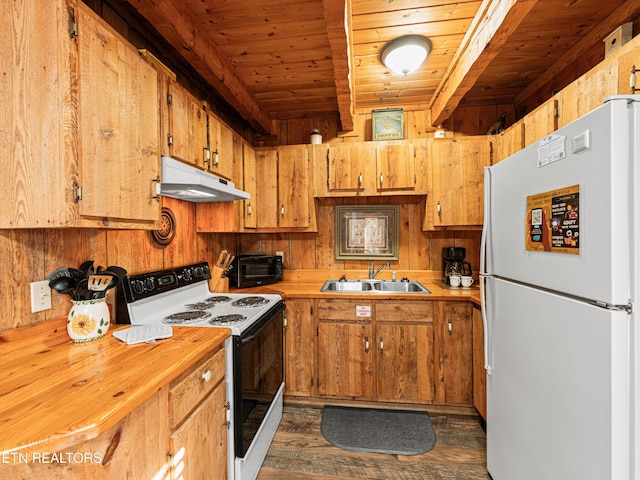 kitchen with sink, white appliances, dark wood-type flooring, and wooden ceiling