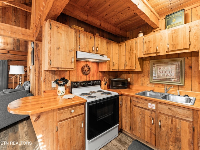 kitchen featuring dark hardwood / wood-style floors, electric stove, sink, and wooden walls