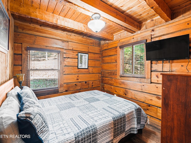 bedroom with wooden walls, beamed ceiling, wooden ceiling, and hardwood / wood-style flooring