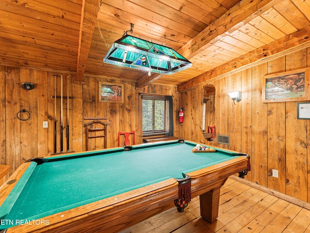 playroom with wooden walls, wood-type flooring, and billiards