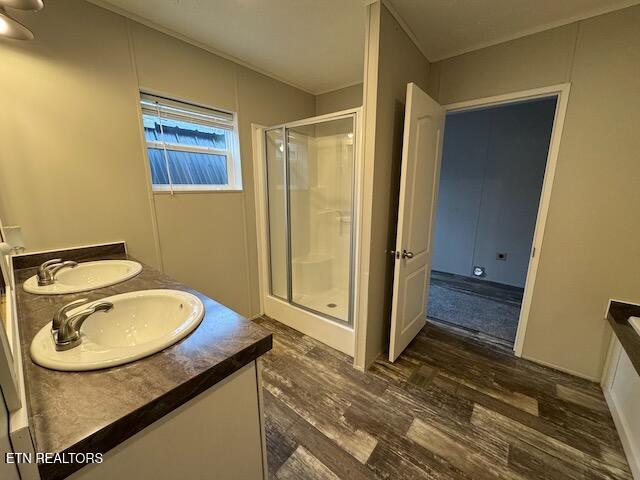 bathroom featuring vanity, wood-type flooring, and walk in shower