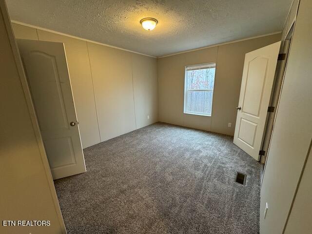 carpeted empty room with a textured ceiling