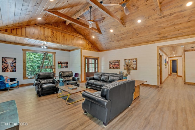 living room featuring light wood-type flooring, lofted ceiling with beams, ceiling fan, and wood ceiling