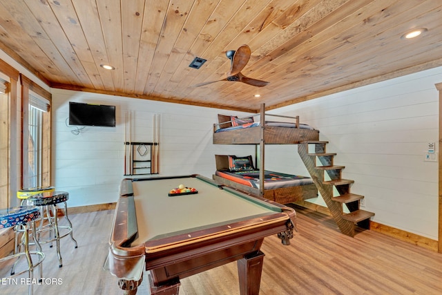 recreation room featuring ceiling fan, light hardwood / wood-style floors, pool table, and wood ceiling