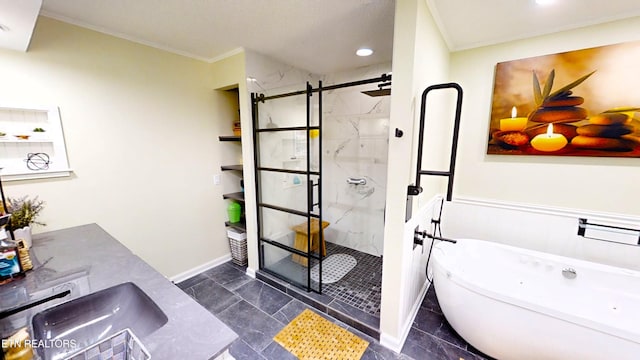 13 Windsor Pt, Crossville, TN 38558 - bathroom featuring ornamental molding, a jetted tub, a shower stall, double vanity, and recessed lighting