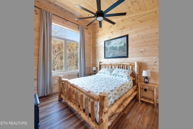 bedroom featuring ceiling fan, wooden ceiling, dark hardwood / wood-style floors, lofted ceiling, and wooden walls