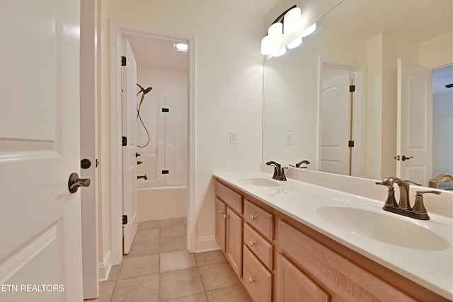 bathroom with tile patterned flooring, vanity, and shower / bathtub combination