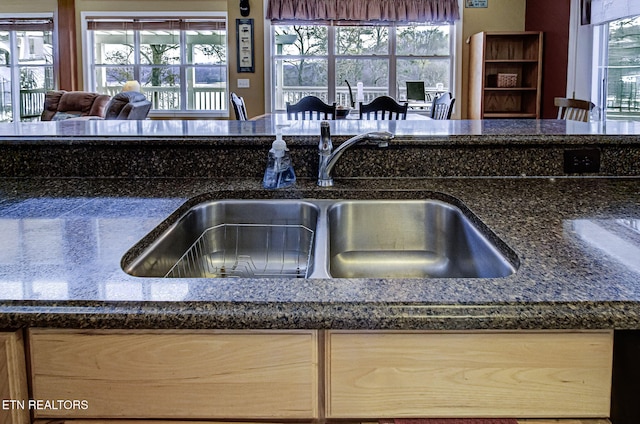 interior details with dark stone counters and sink