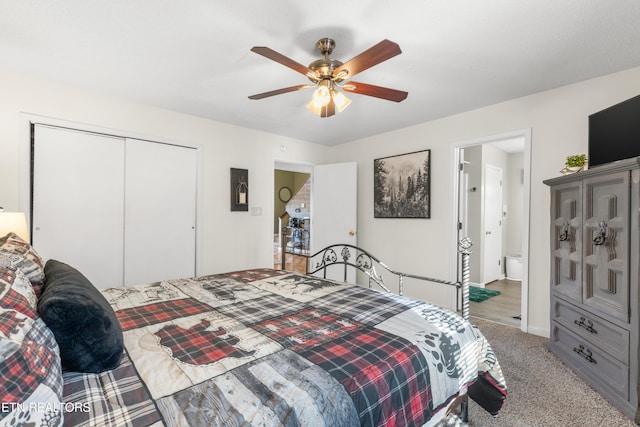 bedroom featuring ceiling fan, carpet floors, and a closet