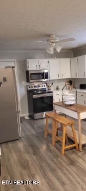 kitchen featuring sink, ceiling fan, appliances with stainless steel finishes, white cabinetry, and wood-type flooring