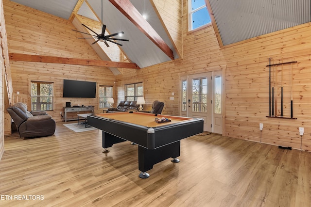 playroom featuring beam ceiling, high vaulted ceiling, plenty of natural light, and billiards