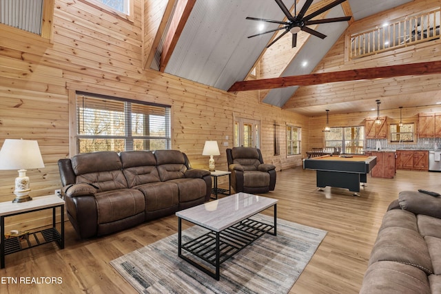 living room featuring ceiling fan, beam ceiling, high vaulted ceiling, billiards, and wood walls