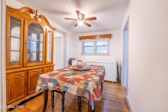 dining area featuring hardwood / wood-style floors, ceiling fan, and a textured ceiling